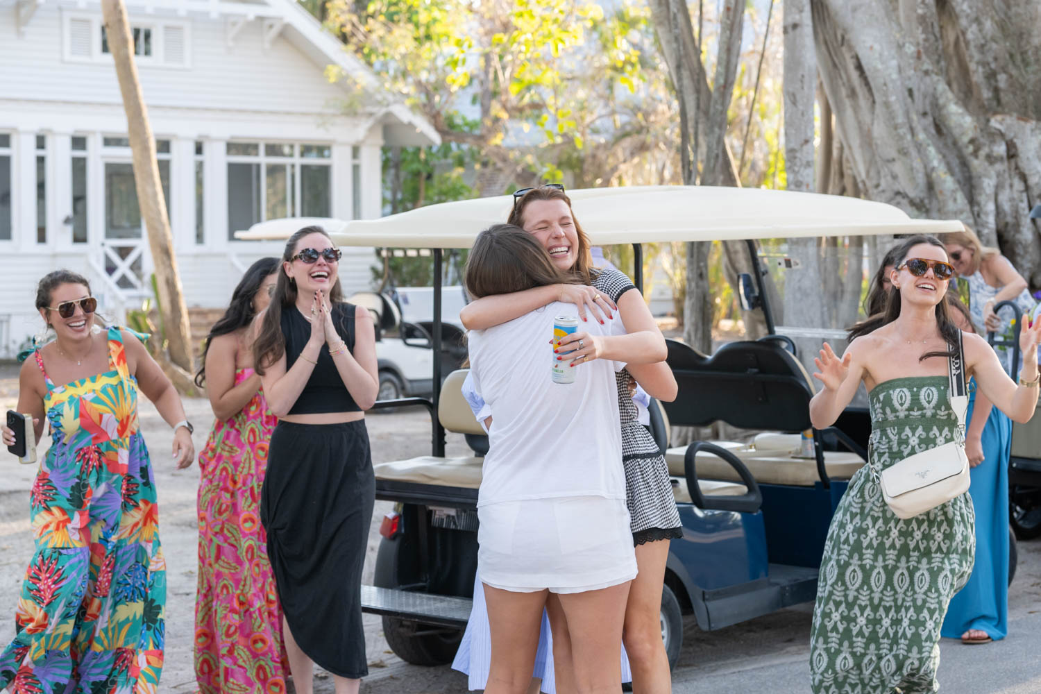 friends hug in celebration