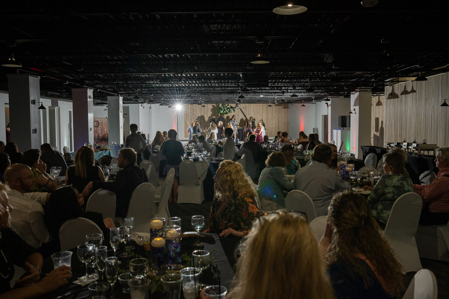 overview of reception room at Casey Key Resort Mainland after dark