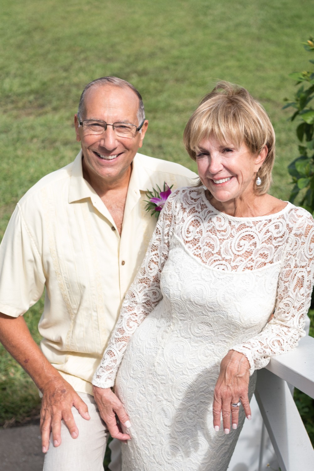 bride and groom on stairs for couple's photo