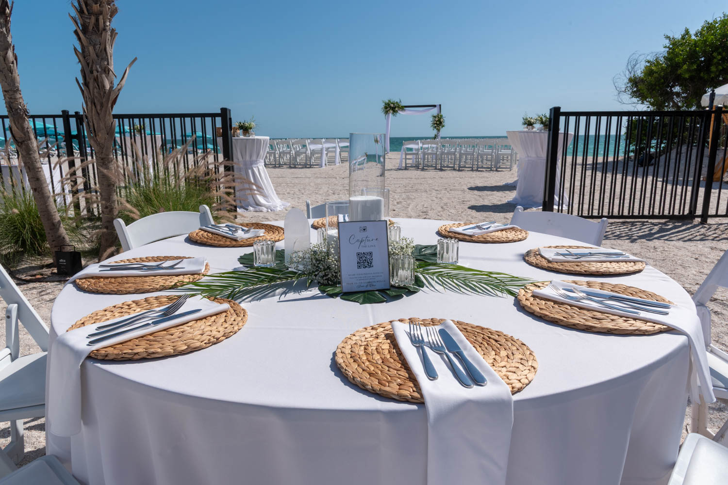 reception table set up at Lido Beach Resort looking onto the beach before the wedding