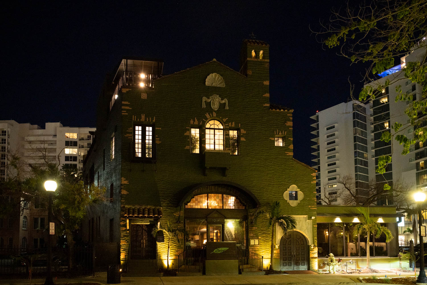 exterior of Sage SRQ in Sarasota at night