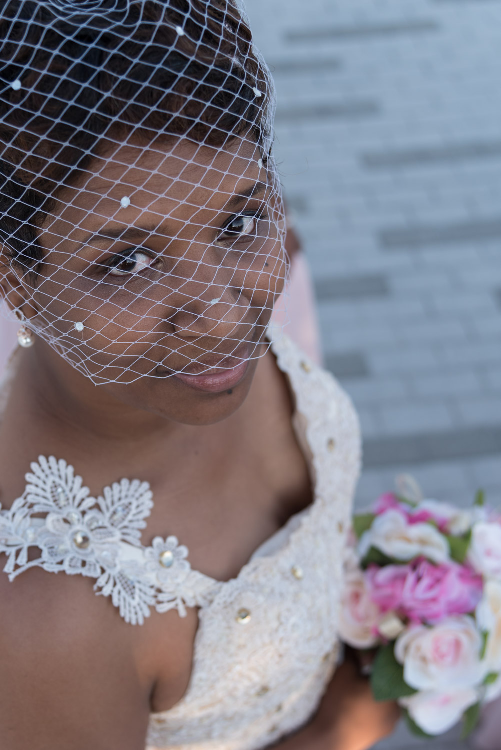 the bride looks up and smiles