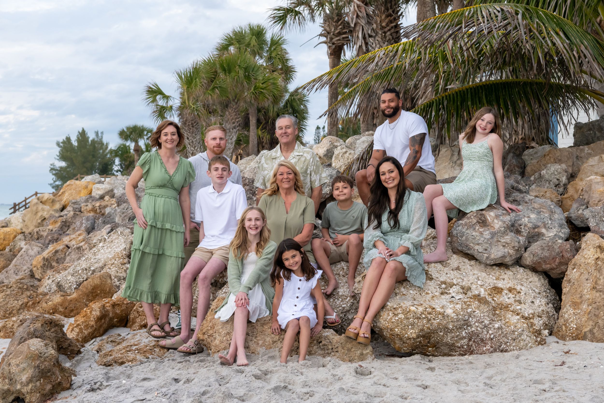 large family sitting on rocks
